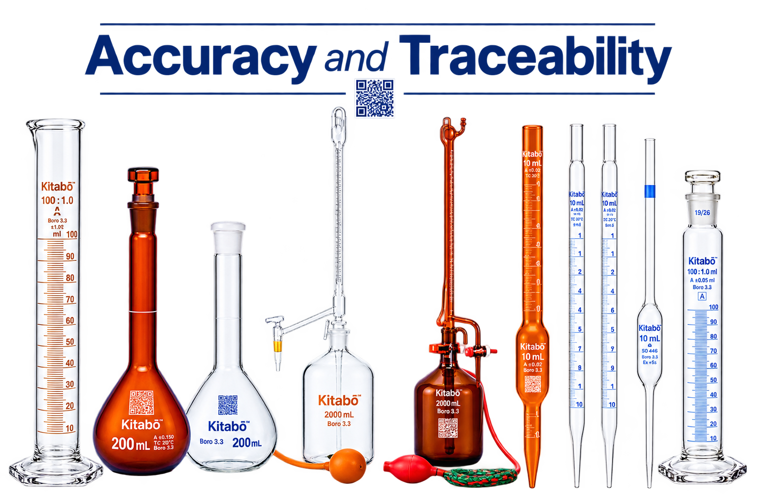 Kitabō™ volumetric glassware range with Class A markings and QR identification