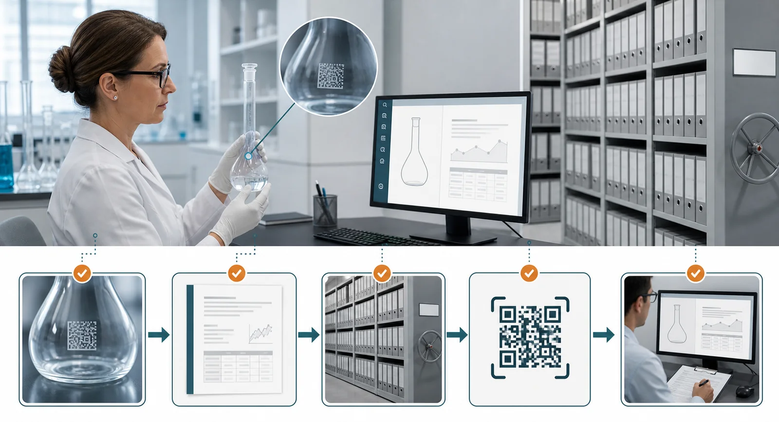 Laboratory glassware identification, product records and QR-linked documentation workflow
